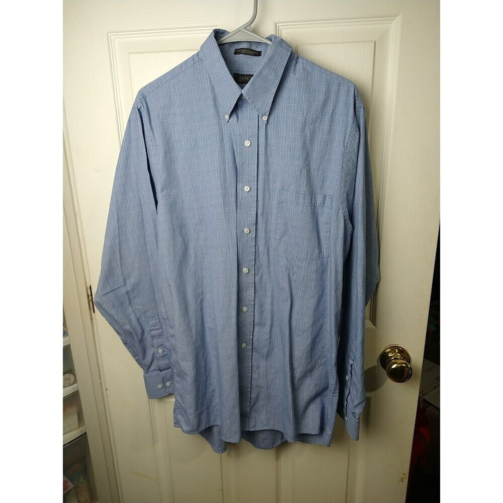 Arrow Men's Blue White Striped Plaid Long Sleeve Dress Shirt. Size L